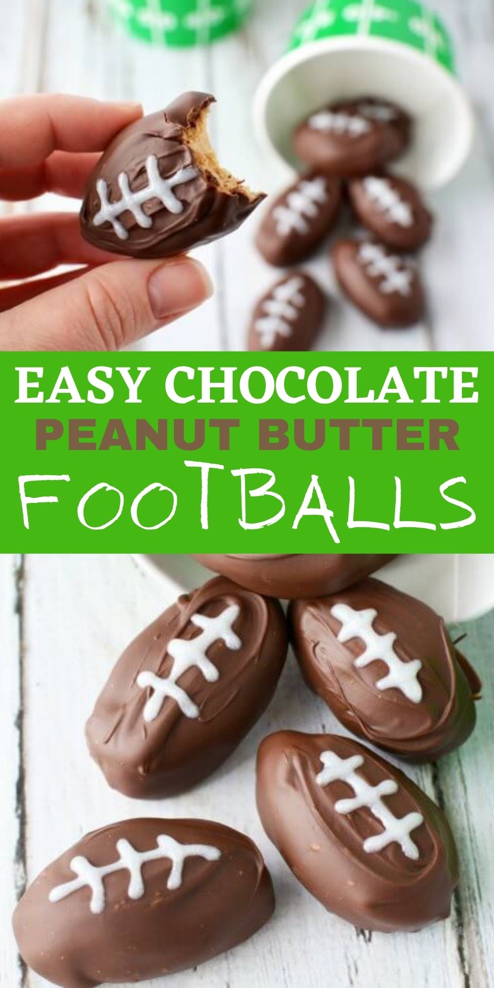 Enjoy these Football Shaped Chocolate Peanut Butter Balls that are perfect for the big game! Creamy, delicious and so easy to make! Everyone loves this chocolate peanut butter footballs that are easy to make and great for a party.  Try this easy no bake dessert for your next game day! #eatingonadime #dessertrecipes #chocolaterecipes #gamedayrecipes 
