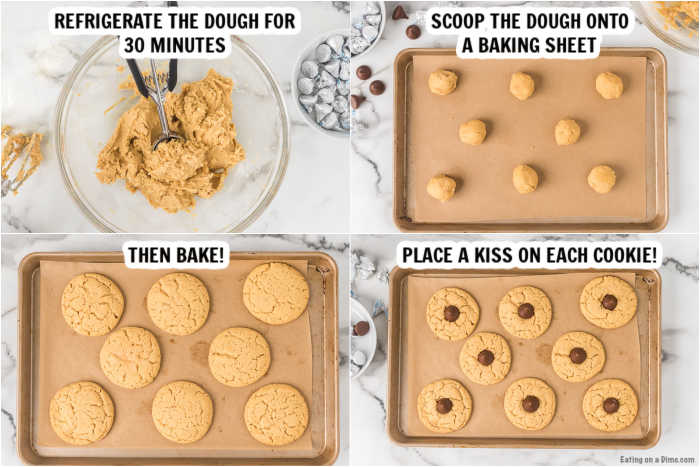Close up image of the process of making the gluten free peanut butter hershey kiss cookies. 