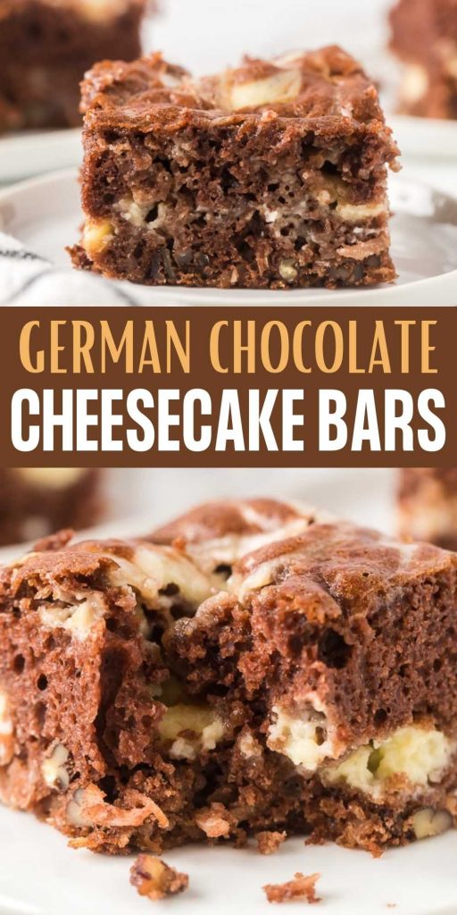 These german chocolate cake cheesecake bars are easy to make and delicious too!  Everyone loves these German chocolate cheesecake bars.  If you love German chocolate cake then you are going to love these cheesecake bars.  This is one of my favorite simple cheesecake recipes.  #eatingonadime #chocolaterecipes #germanchocolaterecipes #cheesecakebarrecipes 

