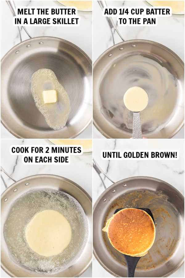 pictures of process of making pancakes in skillet