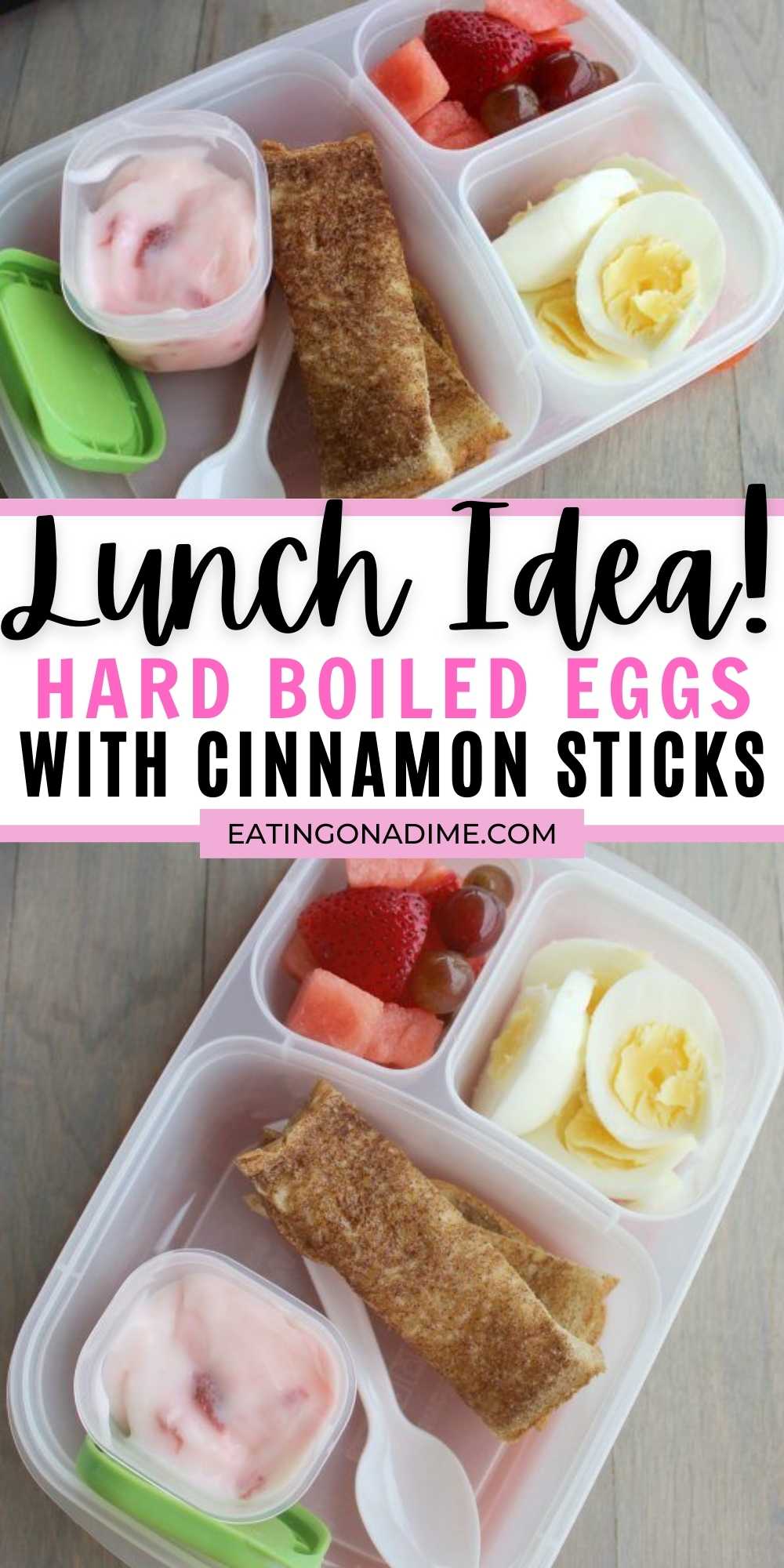 These hard boil eggs with cinnamon stick is easy to make and the perfect lunch for school or for home.  This easy to make lunch is healthy and great for picky eaters too.  This simple lunch recipe is one of my all time favorite kids lunch ideas!  It’s perfect for the entire family.  #eatingonadime #lunchrecipes #easylunchideas #kidfriendlyrecipes 
