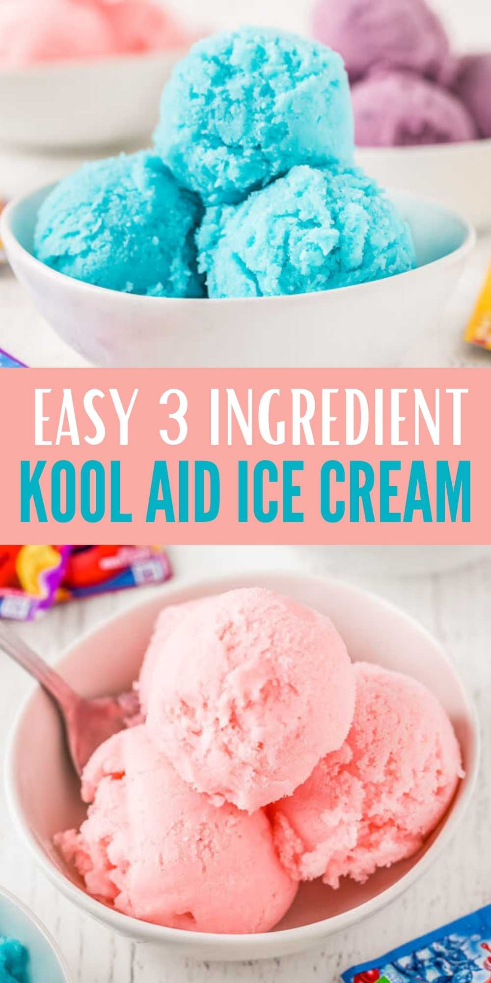 Everyone will love this easy kool aid ice cream recipe with only 3 ingredients.  Learn how to make this homemade kool aid ice cream.  It is easy to make and the kids love it too! Everyone can pick their own flavor of kool aid! #eatingonadime #icecreamrecipes #koolaidrecipes 
