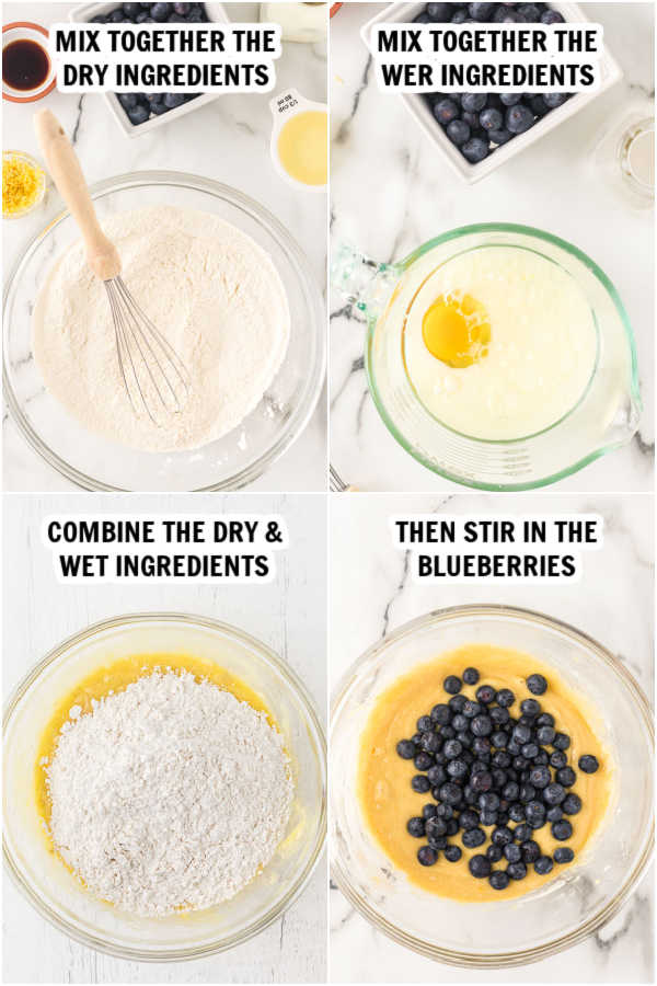 Process of making muffins from mixing together dry ingredients and wet ingredients and adding blueberries.