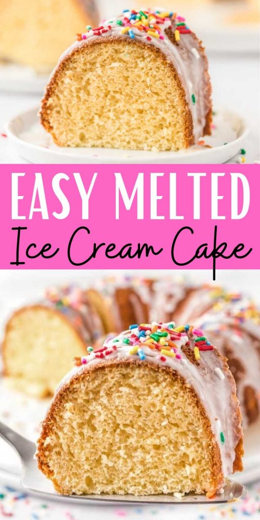 This easy to make melted ice cream cake tastes delicious and is super easy to make with only 3 ingredients.  This will be your go to simple cake recipe to make in no time at all.  This is one of my favorite easy cake recipes.  You’ll love baking with melted ice cream! #eatingonadime #icecreamcake #meltedicecreamcake #cakerecipes 
