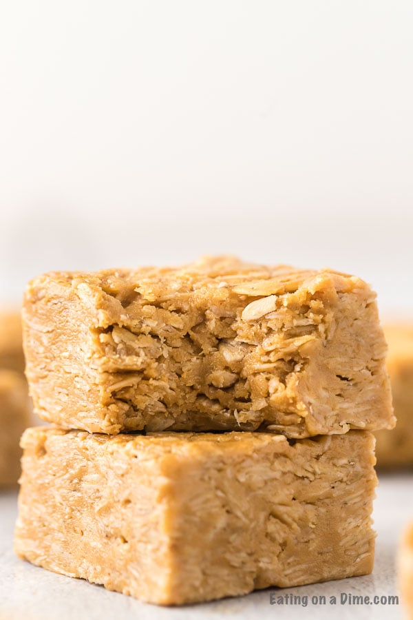 Close up image of Peanut Butter Oat Bars Stacked. 