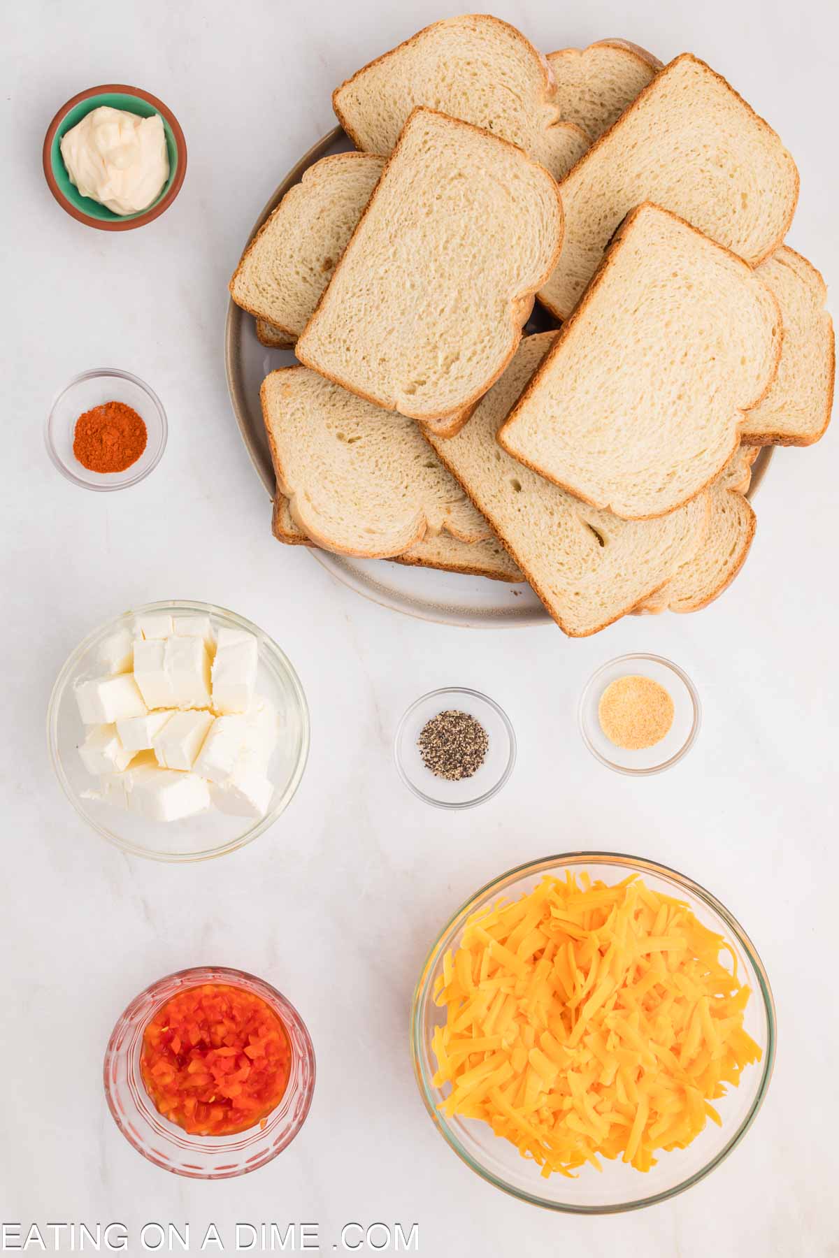 Pimento Cheese Sandwich Ingredients - cheese, cream cheese, pimento peppers, mayonnaise, garlic powder, cayenne pepper, pepper, white bread