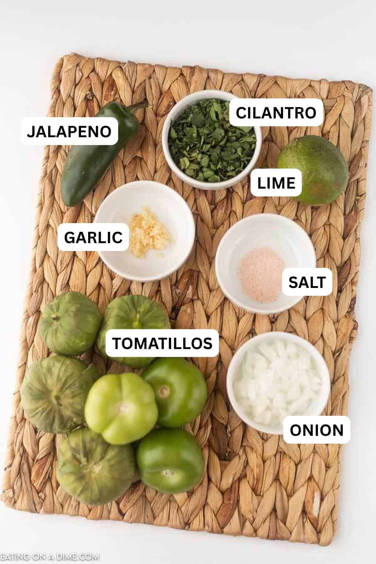 Ingredients for recipe: tomatillos, jalapenos, garlic, cilantro, lime, salt and onion.