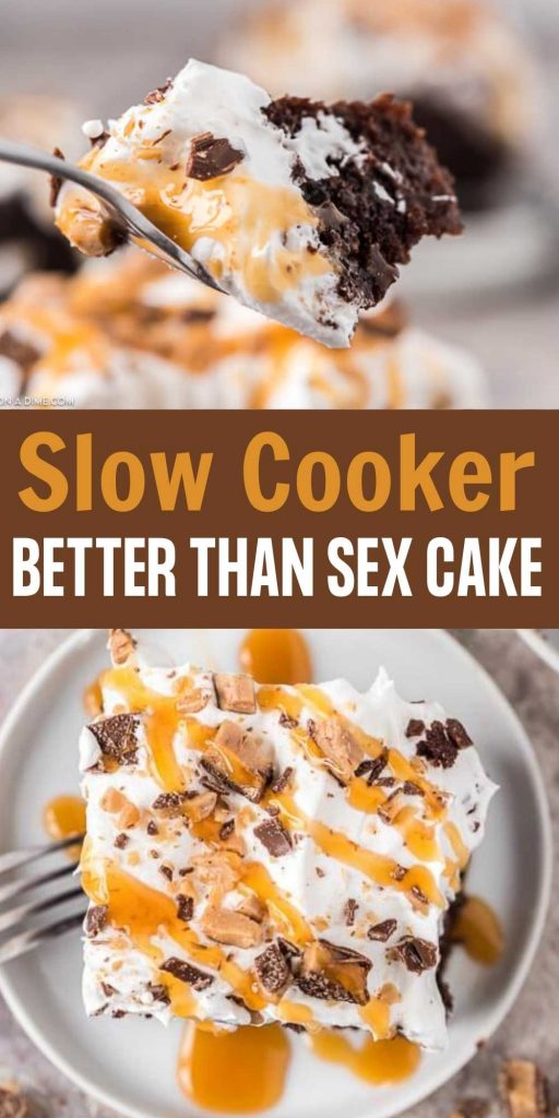 Now you can make your favorite easy cake recipe in your slow cooker! This crock pot better than sex cake is easy to make in the slow cooker and delicious too.  This is one of my favorite crock pot dessert recipes.  Learn how to make this better than sex cake recipe in your favorite crock pot.  #eatingonadime #crockpotdesserts #cakerecipes 