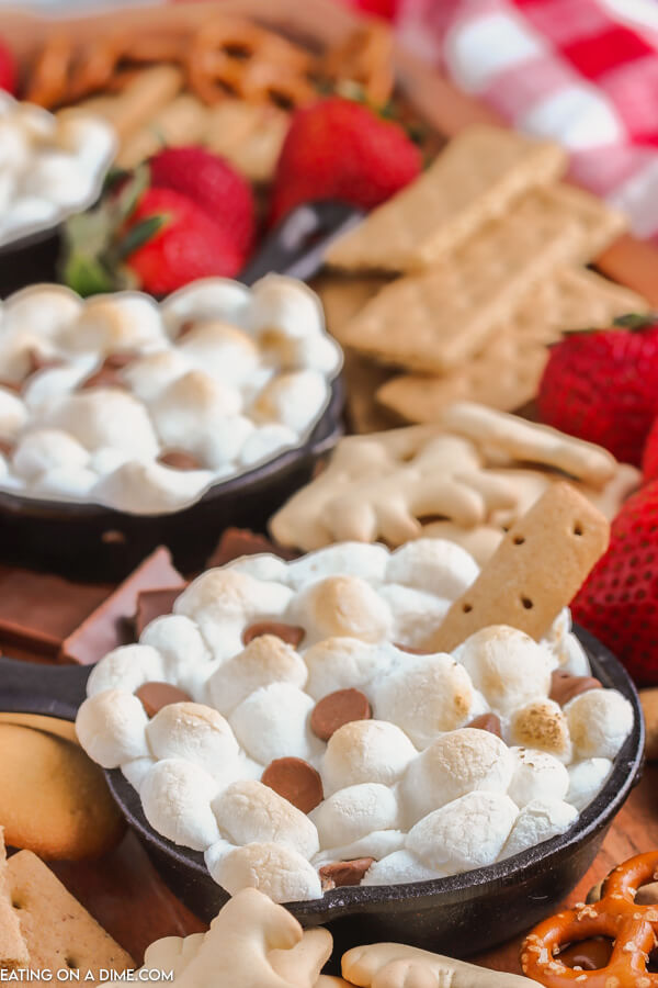 up close photo of smores dip in skillets