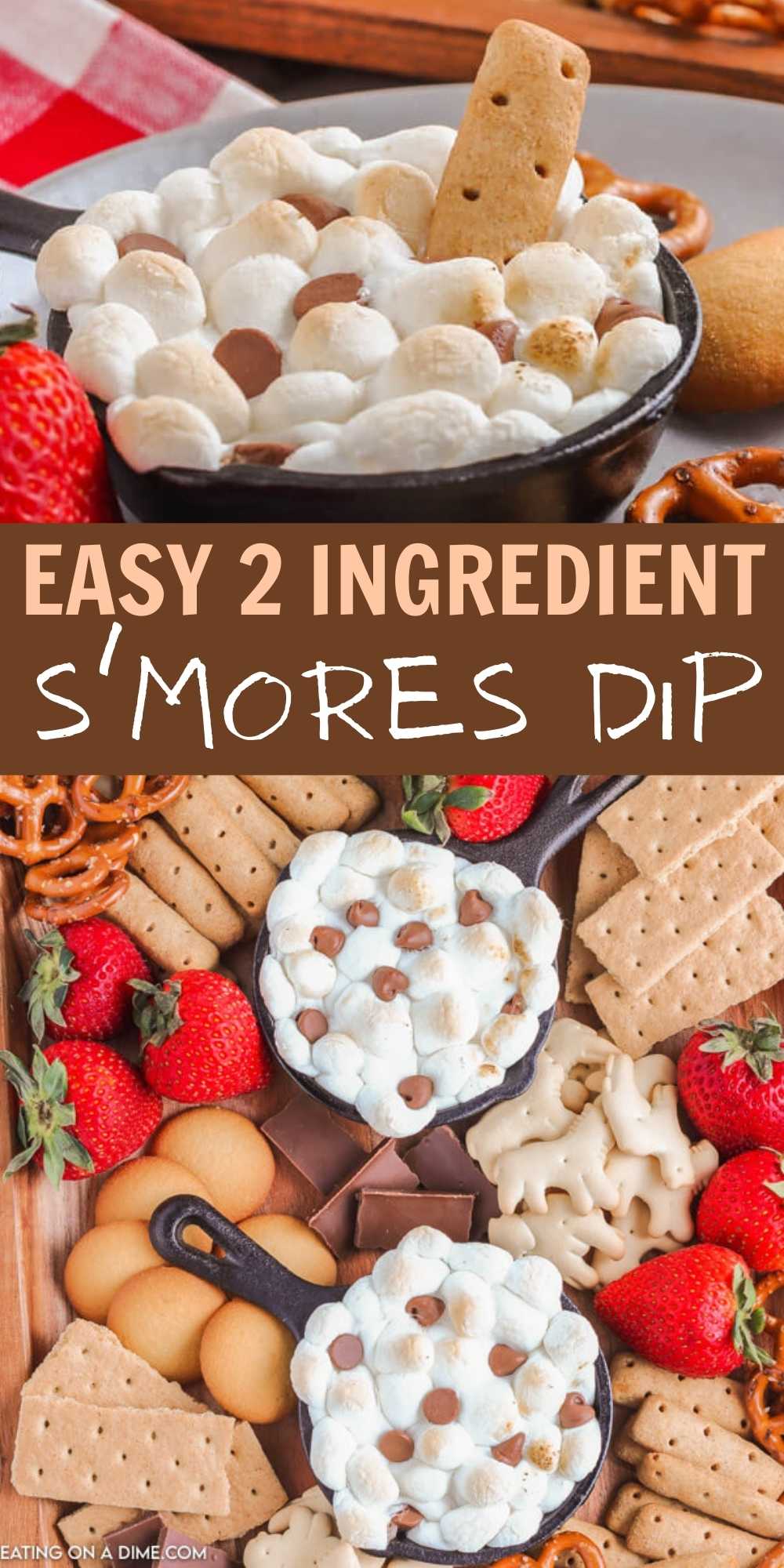 This easy s’mores dip is the perfect treat that is made with only 2 ingredients.  If you love s’mores then I know that everyone is going to love this delicious dessert dip recipe that can be made in just minutes.  #eatingonadime #dessertrecipes #smoresrecipes #dessertdiprecipes 
