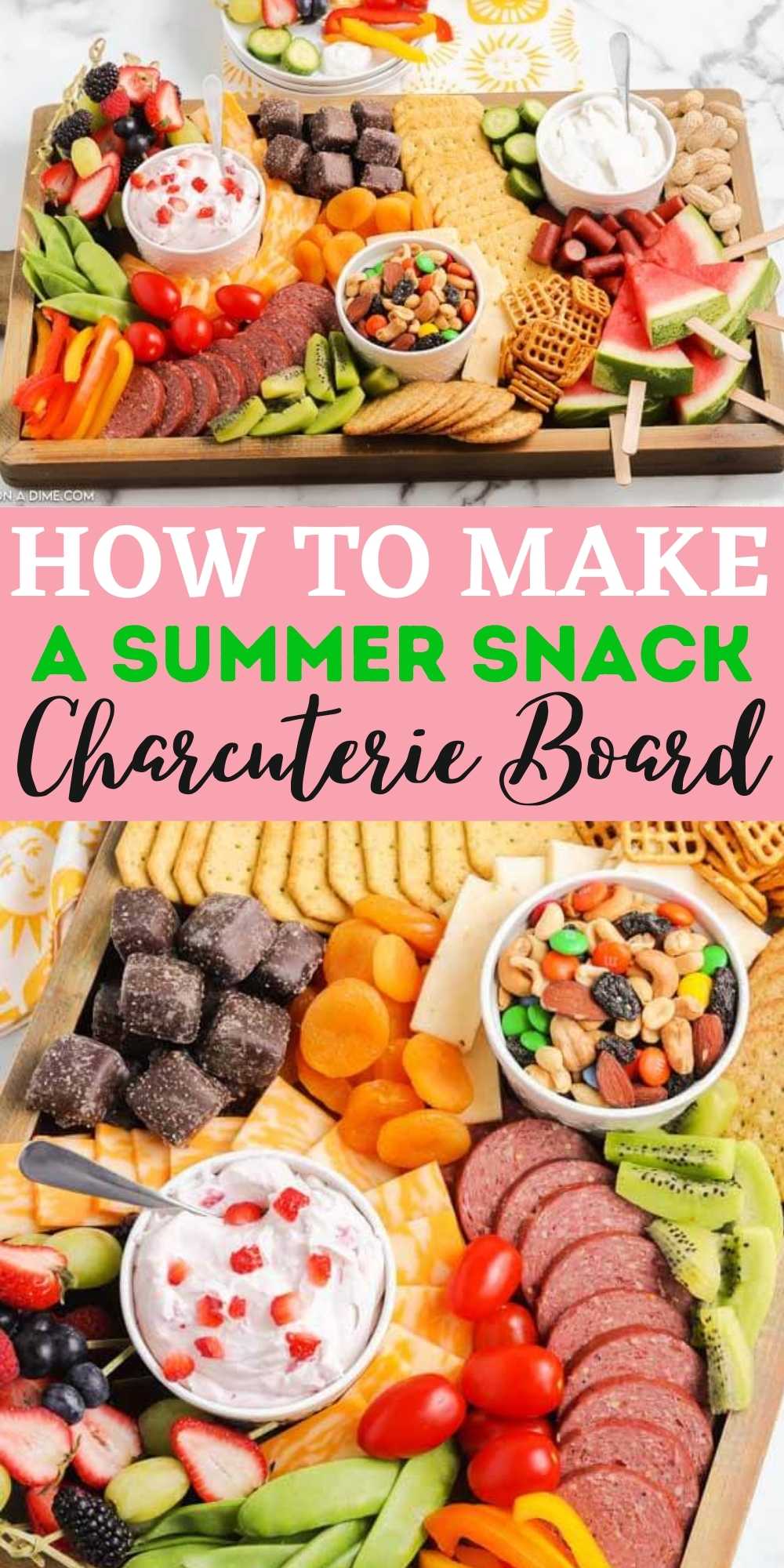 How to build a beautiful summer snack charcuterie board. These step-by-step instructions will show you exactly how to put your charcuterie board together to create a fun snack board for parties or for your family. You are going to love this summer charcuterie board ideas that are simple to make too! #cheeseboard #charcuterie #charcuterieboard #summersnacks 
