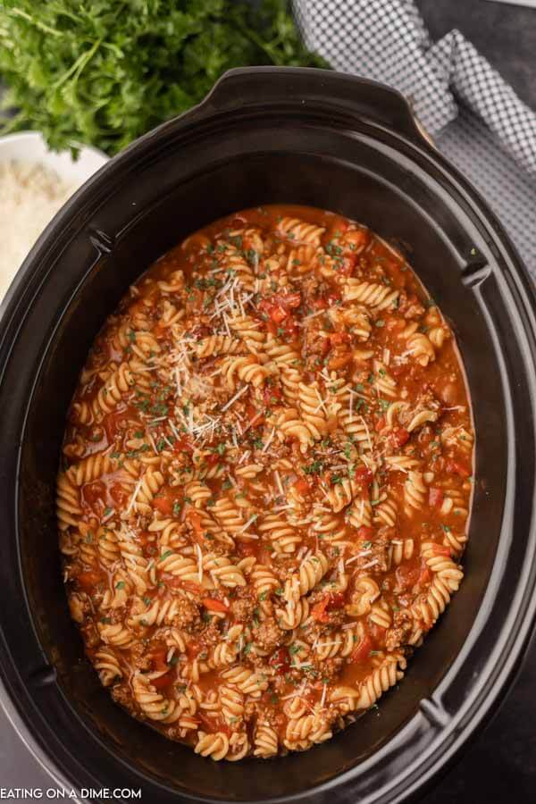 Close up image of Lasagna Soup in the crock pot. 