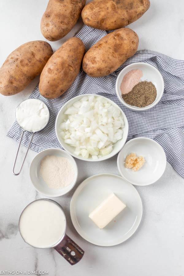 ingredients for recipe: potatoes, onion, seasoning, milk, butter