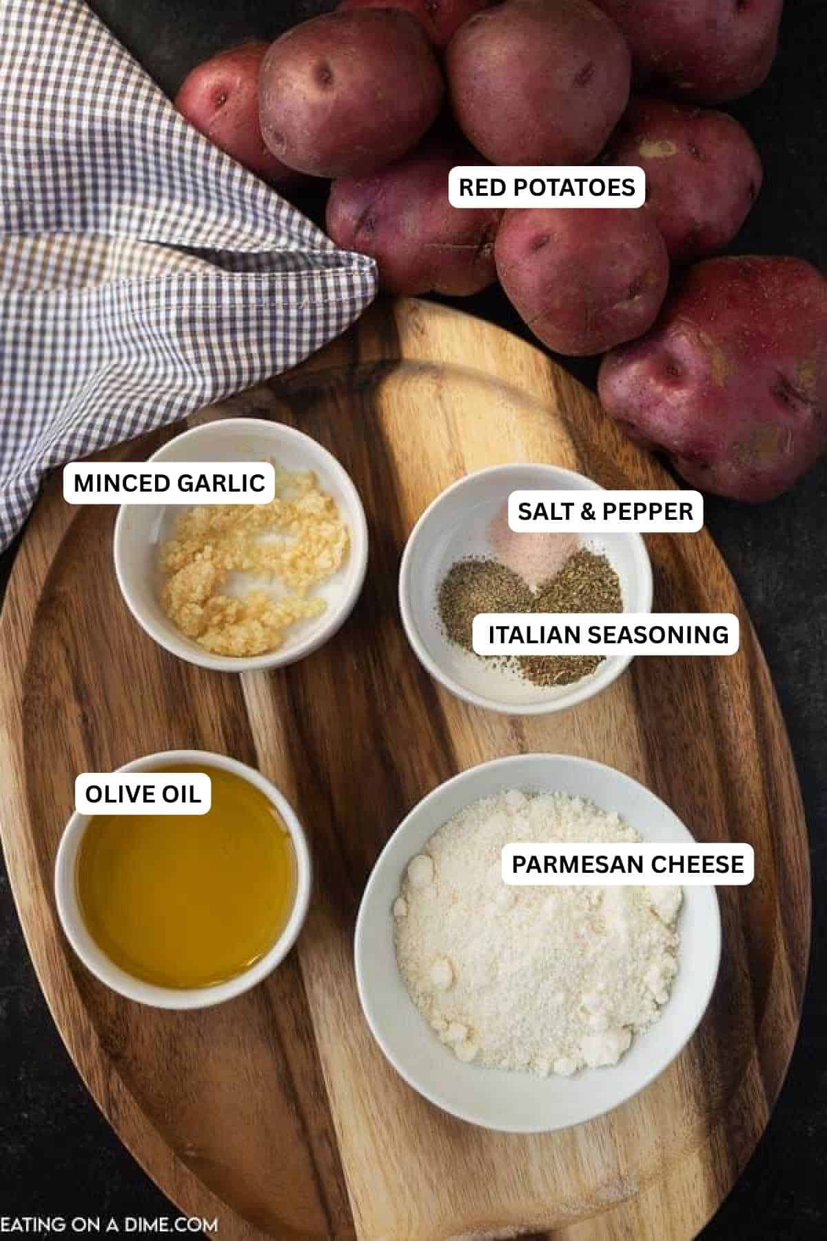 Ingredients for recipe: parmesan cheese, olive oil, Italian seasoning, salt, pepper and minced garlic.