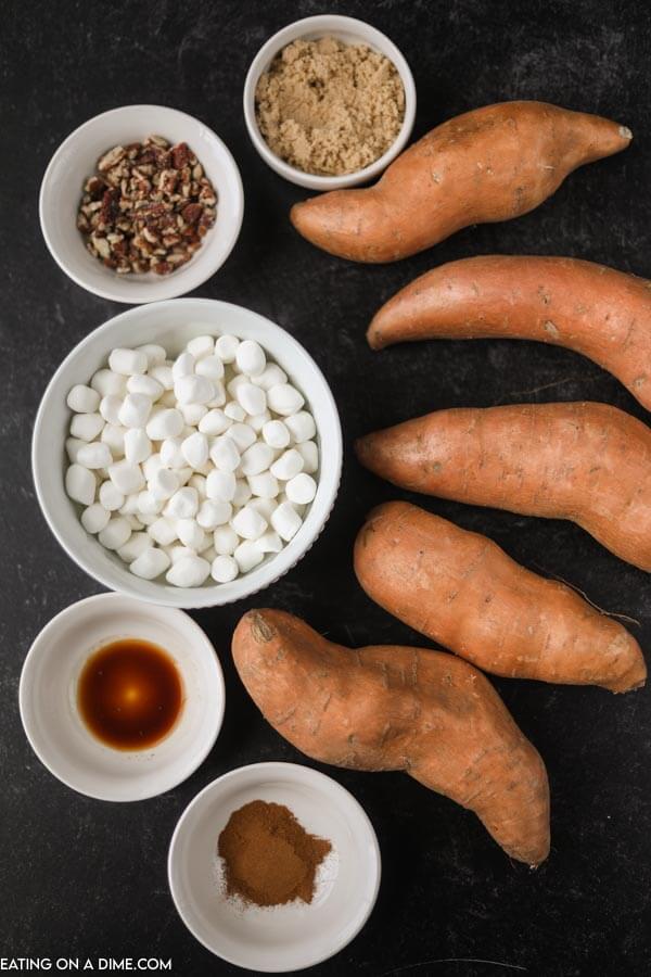 ingredients needed for recipe: sweet potatoes, brown sugar, pecans, marshmallows 