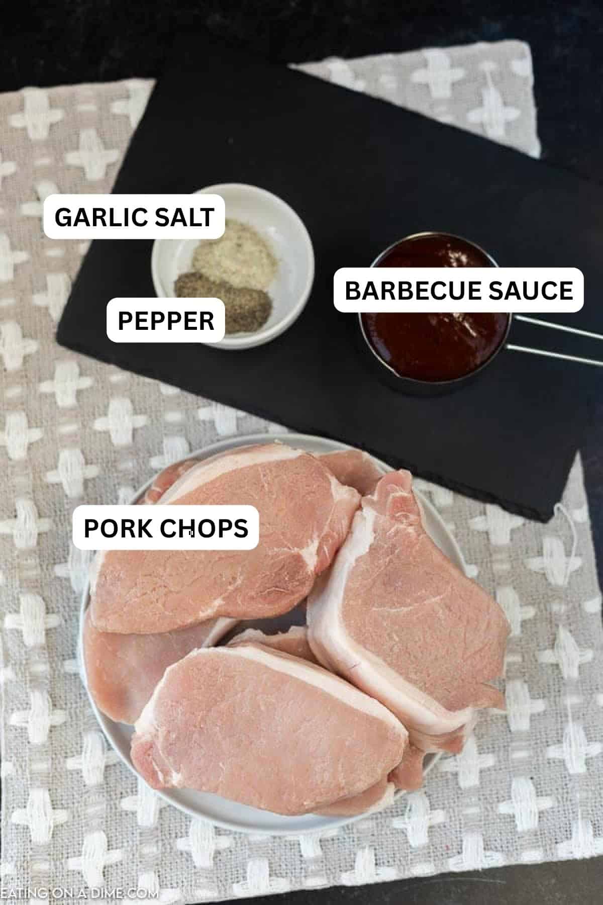 ingredients for crock pot bbq porkc hops Ingredients for recipe: garlic salt, pepper and barbecue sauce.
