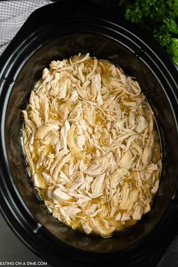 Close up image of Mississippi Chicken in the crock pot. 