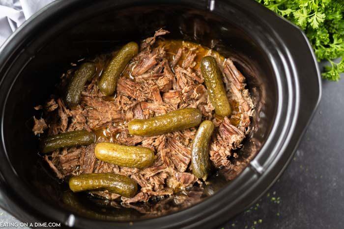 shredded beef with pickles in crock pot