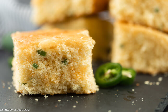 Close up image of a piece of Gluten Free Jalapeno Cheddar Cornbread. 