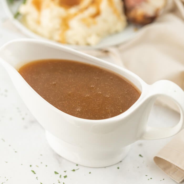 Brown gravy in a gravy container