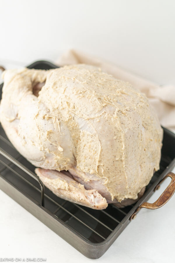 uncooked turkey in roasting pan coated with butter