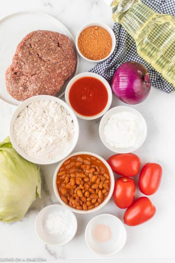 Ingredients for recipe: ground beef, seasoning, onion, beans, tomatoes, taco sauce. 