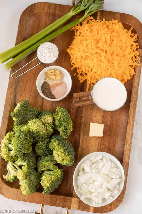 ingredients for recipe: broccoli, cheese, seasoning, onion. cream. 