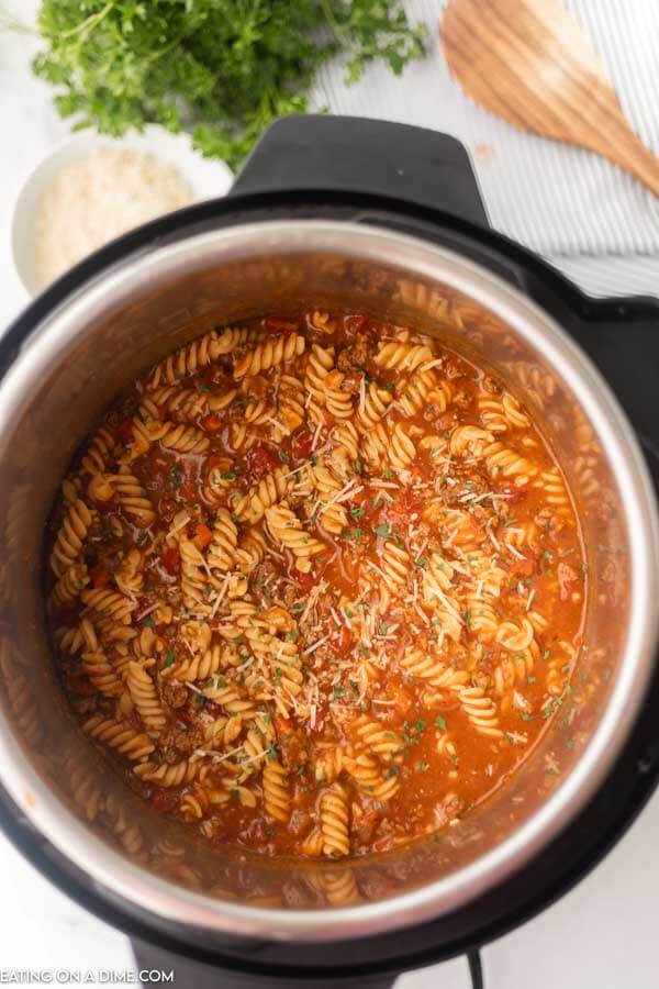 Close up image of Lasagna soup in a instant pot. 