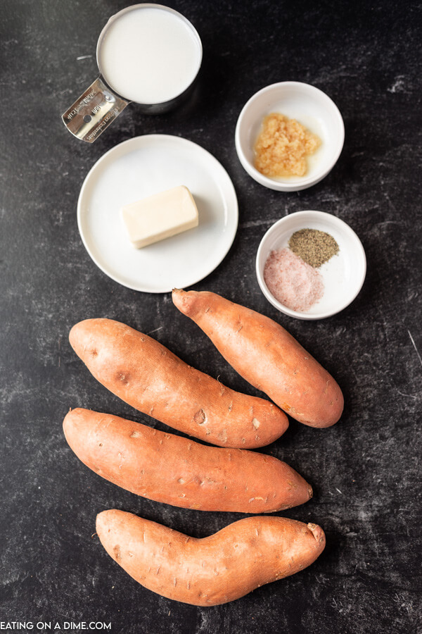 Ingredients for recipe: butter, milk, seasoning, sweet potatoes. 