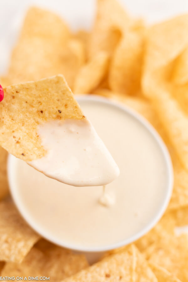A tortilla chip dipped into the white cheese dip 