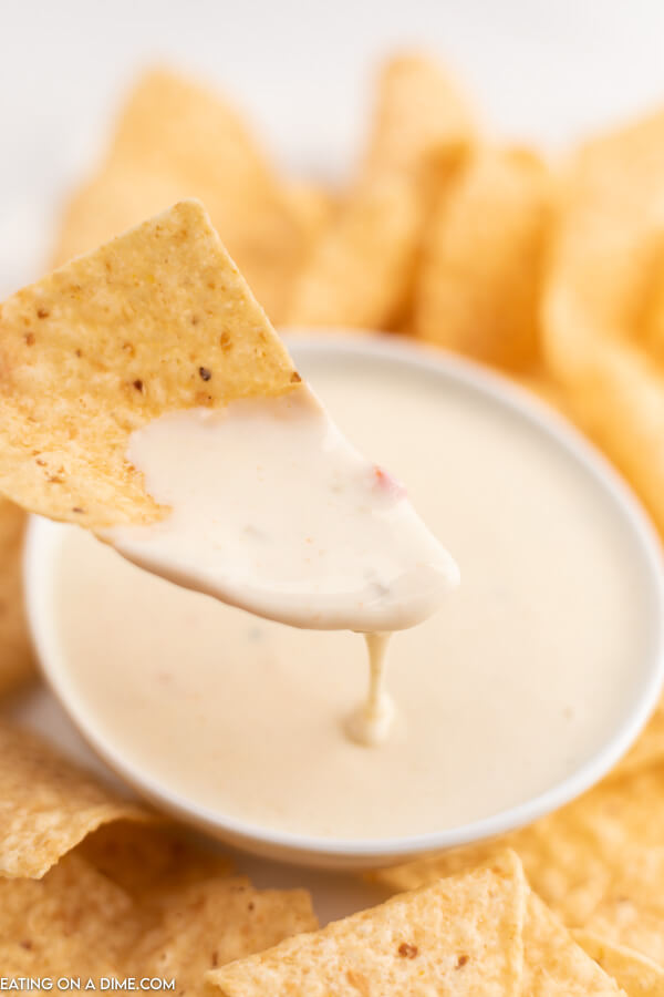A large tortilla chip dipped into a small bowl of white cheese dip 