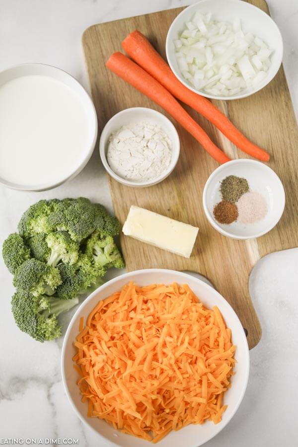Ingredients to make this Panera Bread Broccoli Cheese Soup 