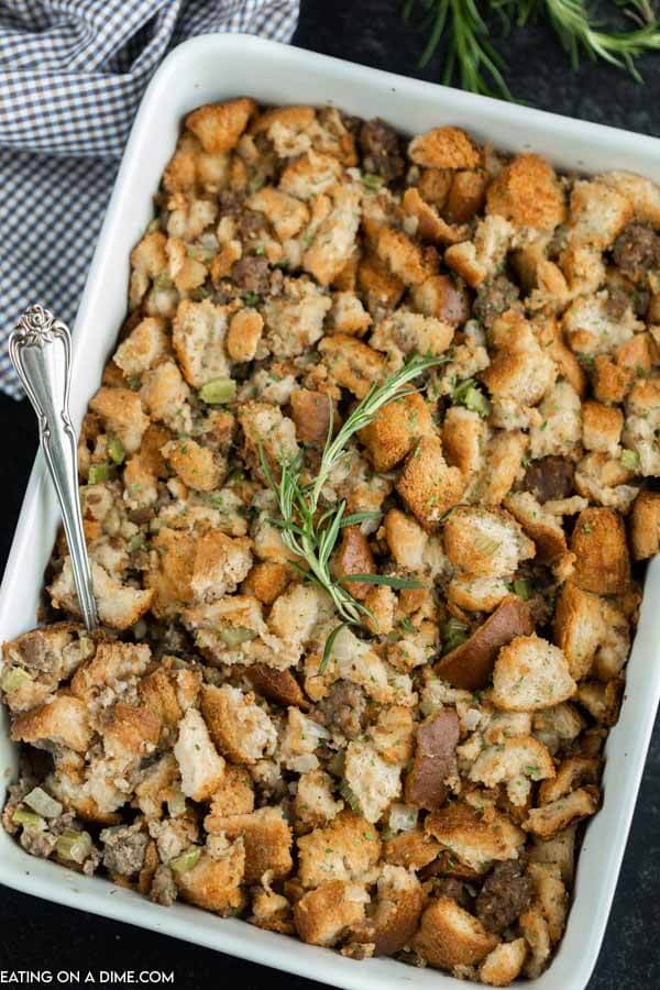 stuffing in baking dish with serving spoon