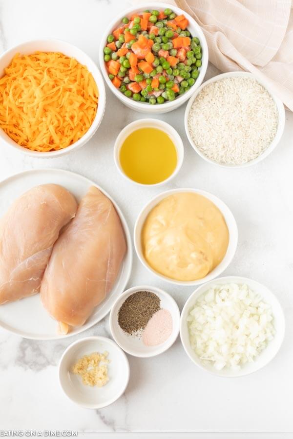 Ingredients for recipe: vegetables, cheese, rice, chicken, cream of chicken soup, onion, seasonings. 