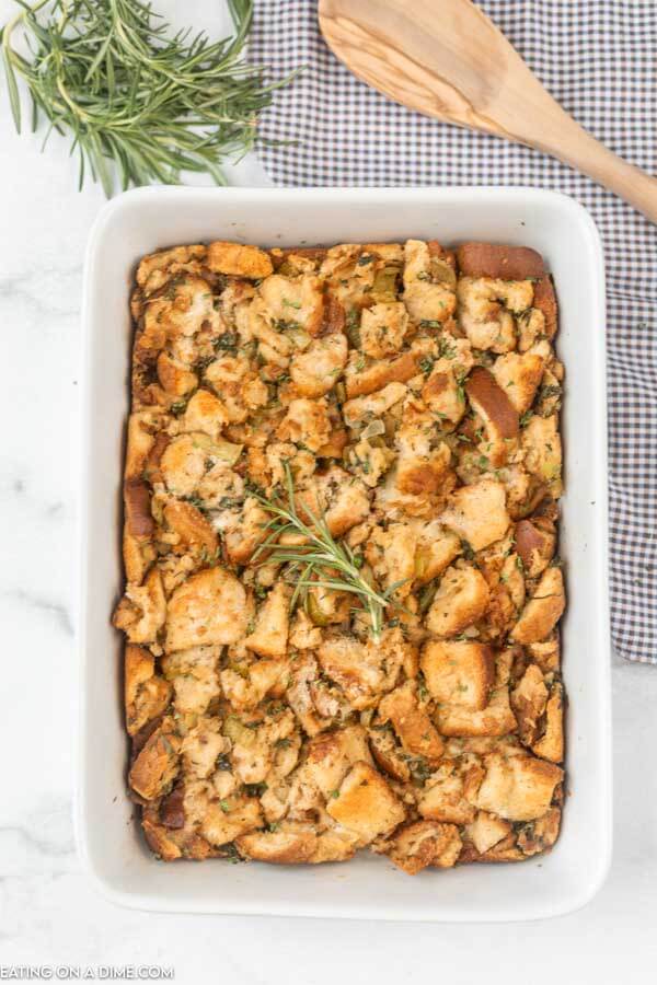 stuffing in a baking dish