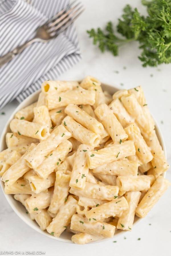 Bowl of white pasta sauce pasta. 