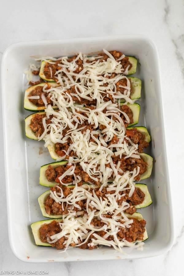 Zucchini boats ready to go in the oven to bake. 