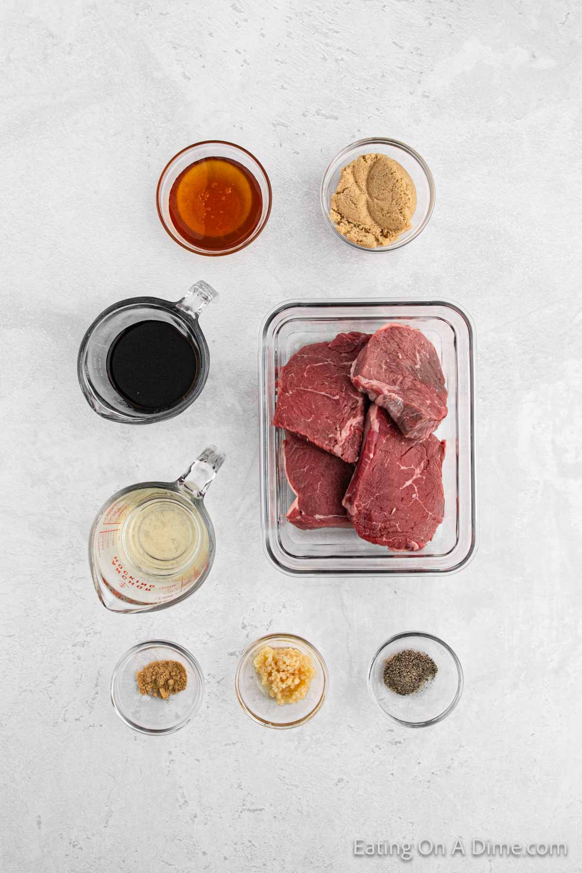 Steak, brown sugar, soy sauce, rice wine vinegar, honey, minced garlic, ground ginger, pepper