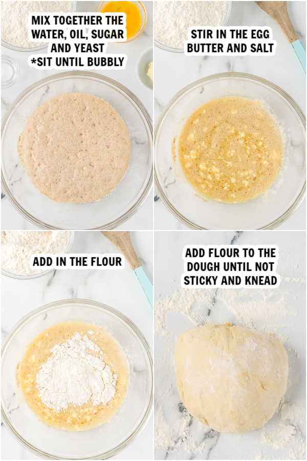 photos of making dough and mixing yeast with water and eggs and flour. 