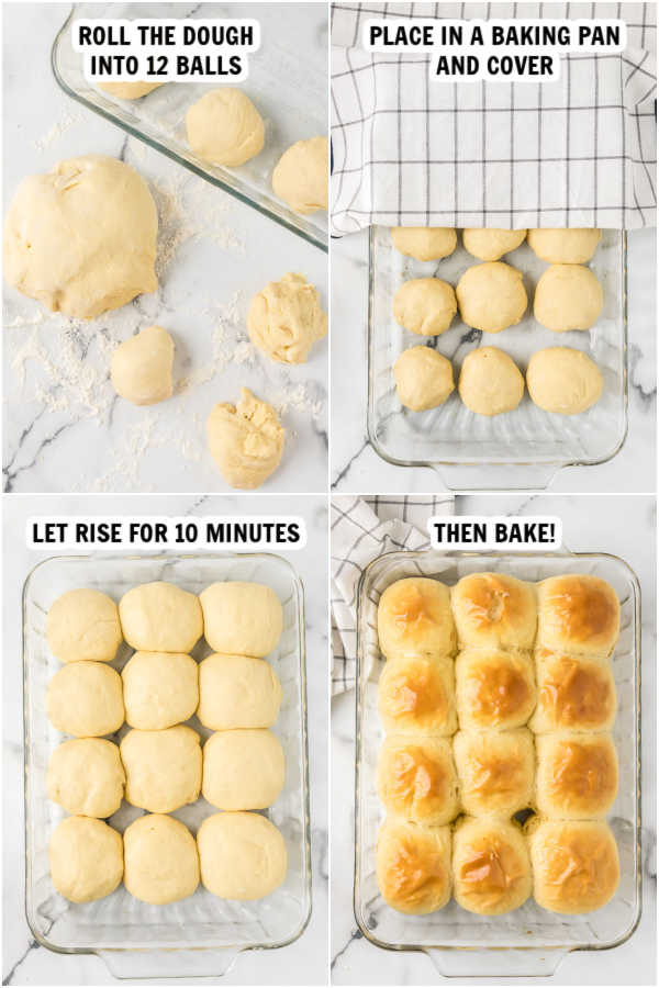 process of baking rolls. First picture: roll the dough into 12 balls, second picture: place in pan, third picture: let rise, fourth picture: bake. 