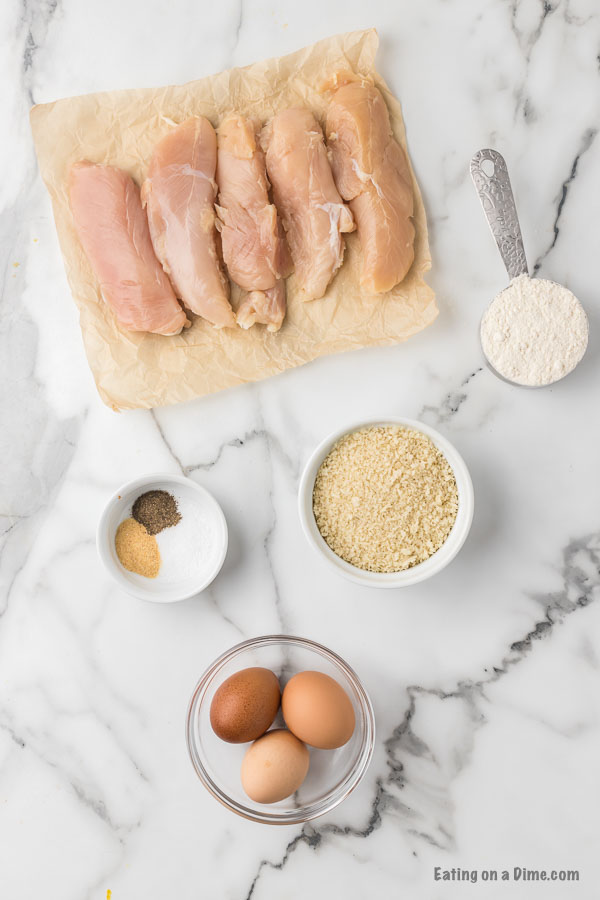 Ingredients for recipe: chicken tenders, flour, breadcrumbs, seasoning, eggs.
