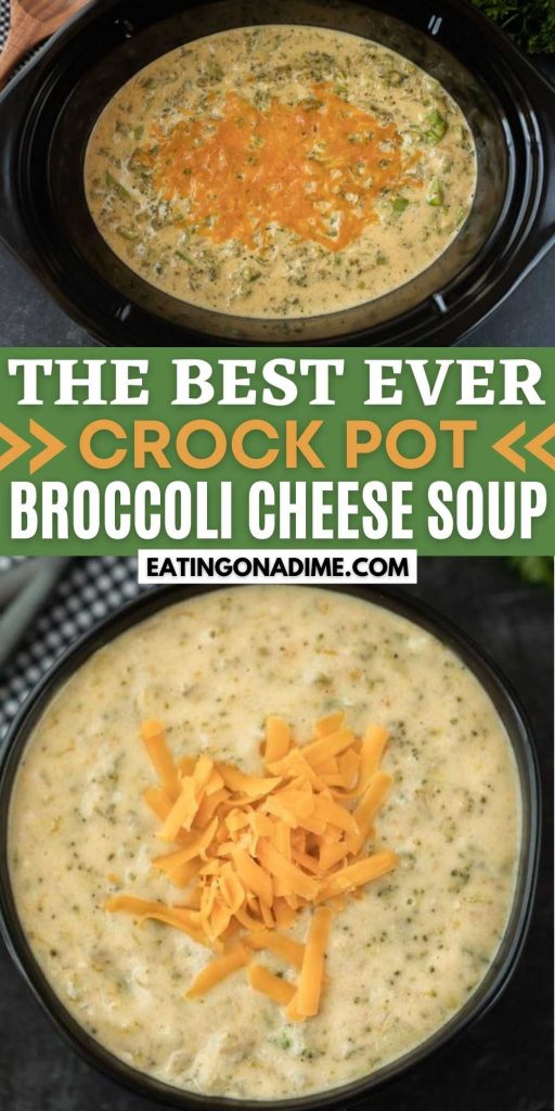 This crock pot Broccoli Cheese Soup recipe made in a slow cooker without Velveeta! It's low carb, creamy and super delicious! This soup is easy to make and delicious too!  The entire family will love this slow cooker broccoli cheese soup.  #eatingonadime #crockpotrecipes #slowcookerrecipes #souprecipes #easysoups 
