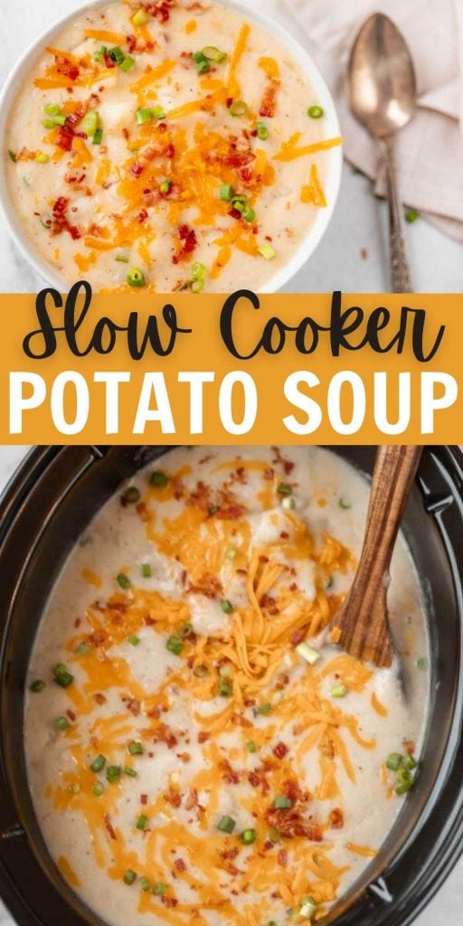 Are you looking for an Easy Crock Pot Potato Soup recipe? Slow Cooker Potato Soup is the best comfort food and so simple. Try Crock pot loaded potato soup with potatoes. This soup is easy to make in the crock pot and packed with flavor too! #eatingonadime #crockpotrecipes #slowcookerrecipes #souprecipes #potatosouprecipe 
