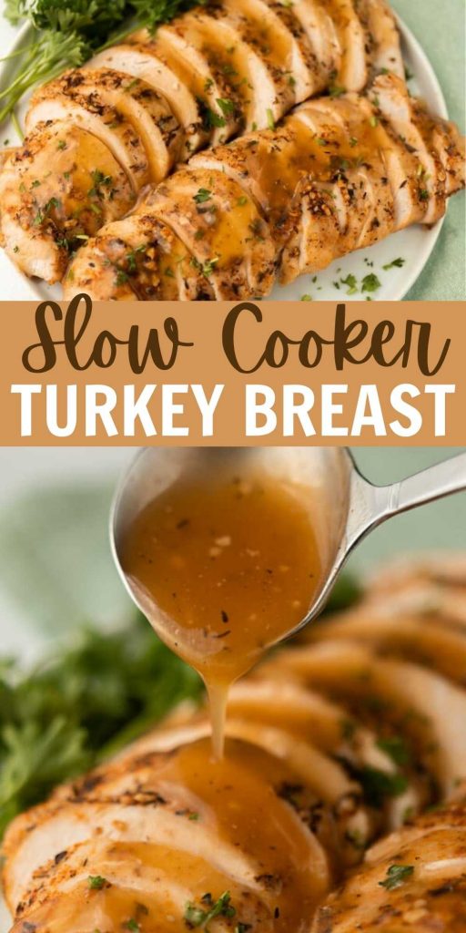 Learn how to cook a turkey breast in a crock pot! Just 10 minutes to prep, then this bone-in or boneless turkey breast cooks itself in your slow cooker. This easy crockpot turkey breast recipe is perfect for Thanksgiving or Christmas.  It’s definitely one of the easiest holiday recipes! #eatingonadime #crockpotrecipes #slowcookerrecipes #turkeyrecipes #holidayrecipes 
