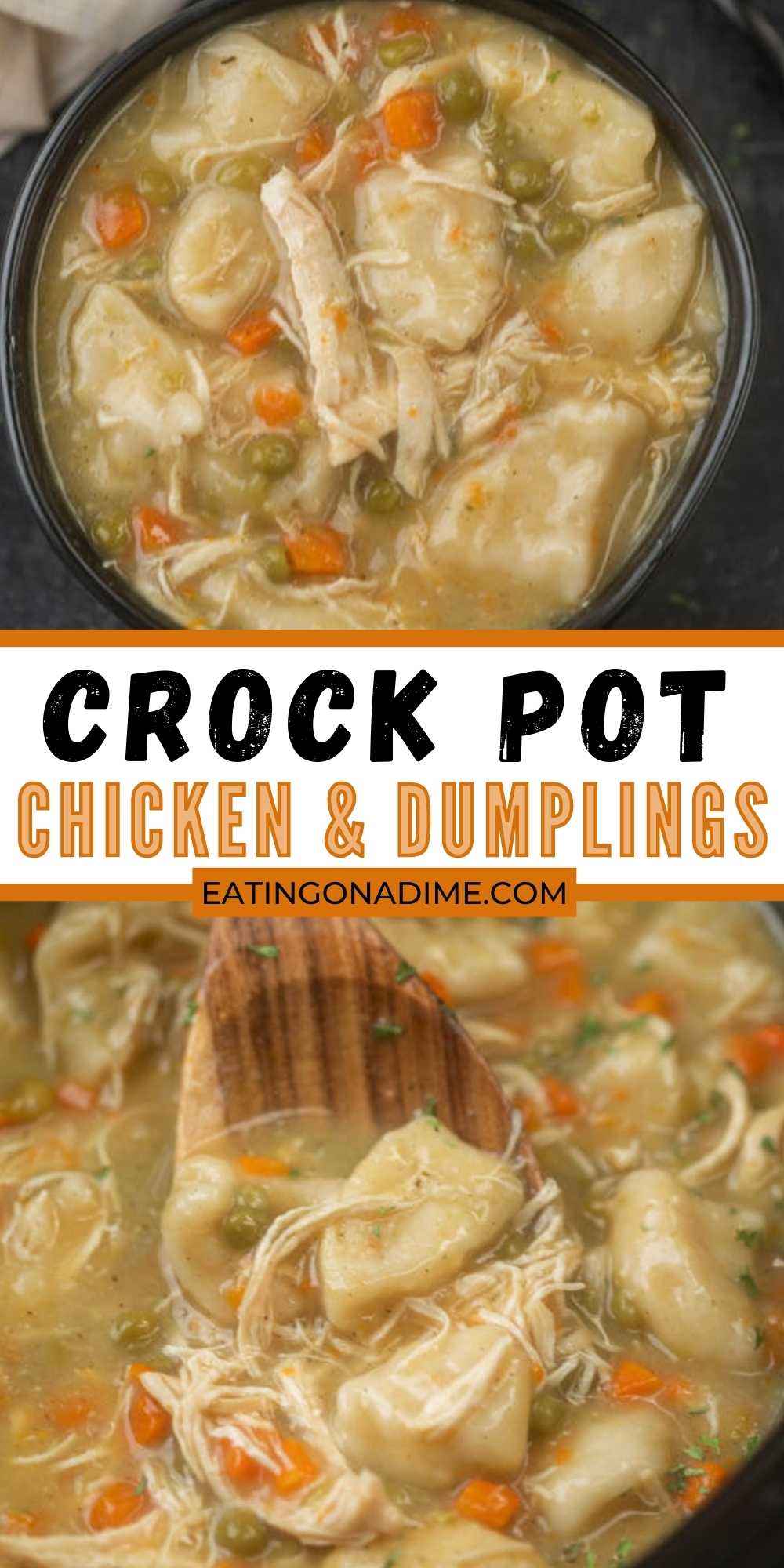 Crockpot chicken and dumplings make dinner time easy thanks to the ease of the slow cooker. Enjoy easy and tasty chicken and dumplings with biscuits.  The entire family will love this crock pot chicken and dumplings recipe.  #eatingonadime #crockpotrecipes #slowcookerrecipes #chickenrecipes #dumplingrecipes 
