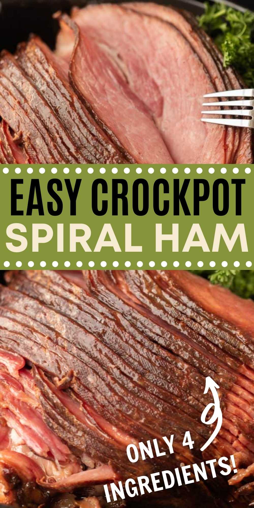 Crock pot Ham Recipe is easy to make with only 4 ingredients. Slow cooker ham is perfect for the holidays and frees up your oven for all your other side dishes. Try this crockpot spiral ham today! This is the BESTA way to make a ham for the holidays. #eatingonadime #crockpotrecipes #slowcookerrecipes #hamrecipes #holidayrecipes