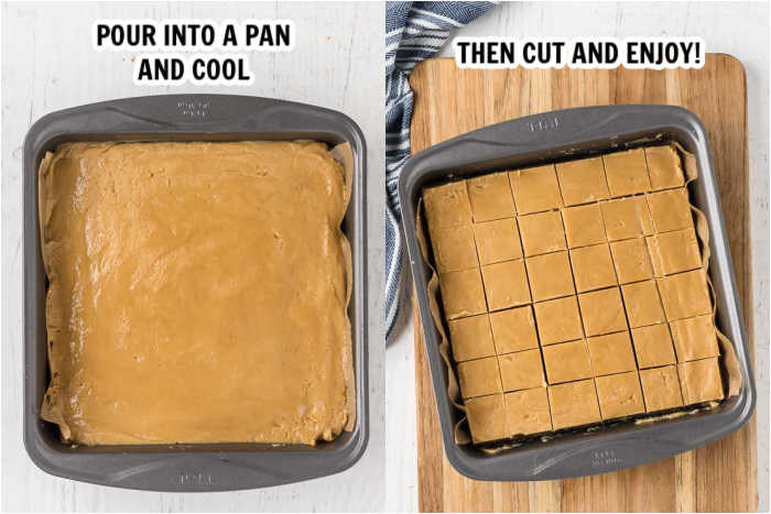 Close up image of peanut butter fudge in a pan.
