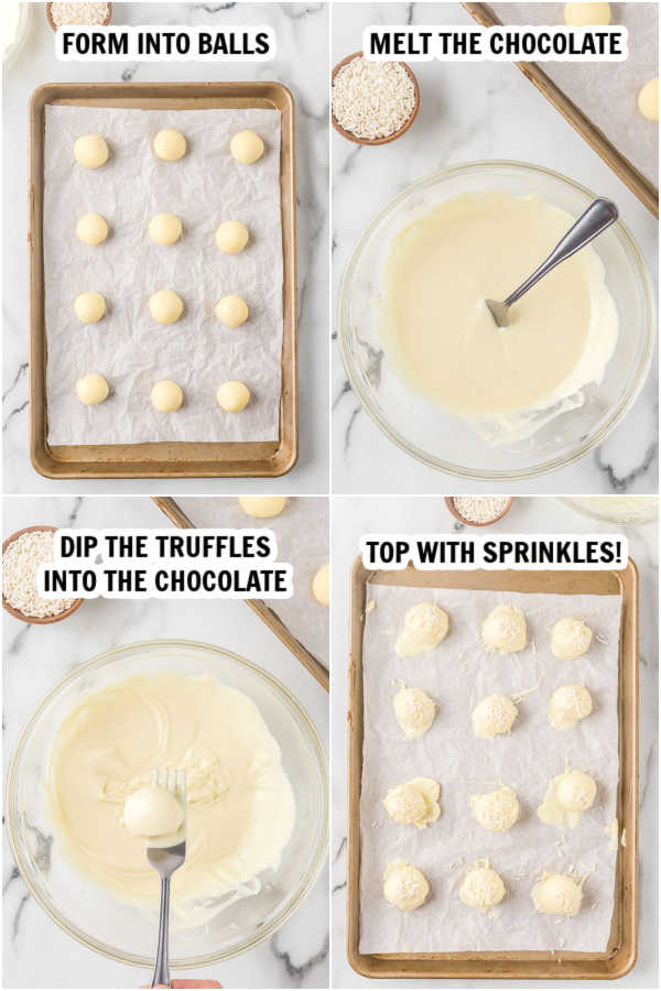 Process photos showing how to coat the truffles in white chocolate and top with sprinkles 
