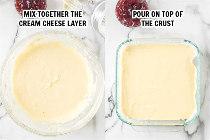 Cream cheese layer mixed together and poured on top of the crust. 