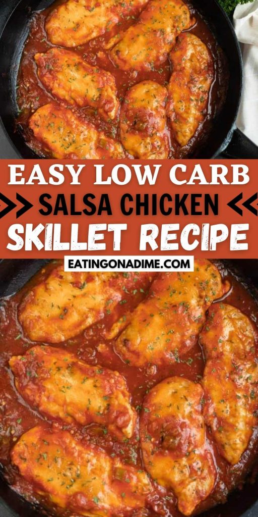 This delicious skillet salsa chicken is a favorite around here! This salsa chicken skillet recipe is keto friendly and low carb.  Also, it’s easy to make!  Everyone loves this simple and delicious salsa chicken recipe!  #eatingonadime #chickenrecipes #skilletrecipes #ketorecipes #lowcarbrecipes 